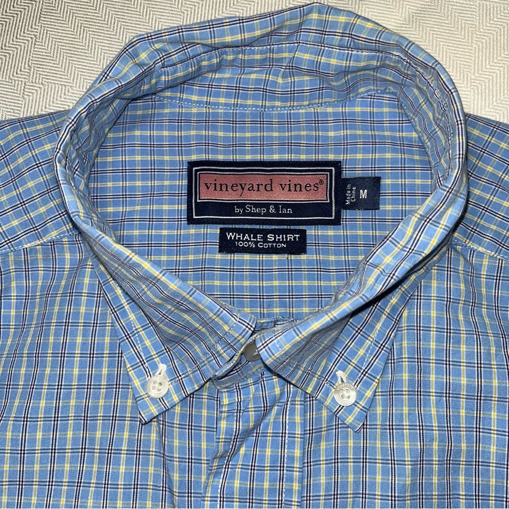Vineyard Vines Cotton Whale Long Sleeve Button Down Blue Yellow Plaid Shirt Med - Picture 8 of 11